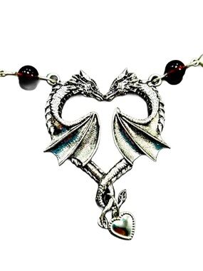 Handmade Kissing Dragons Pendant Necklace with Red Garnet Glass Beads